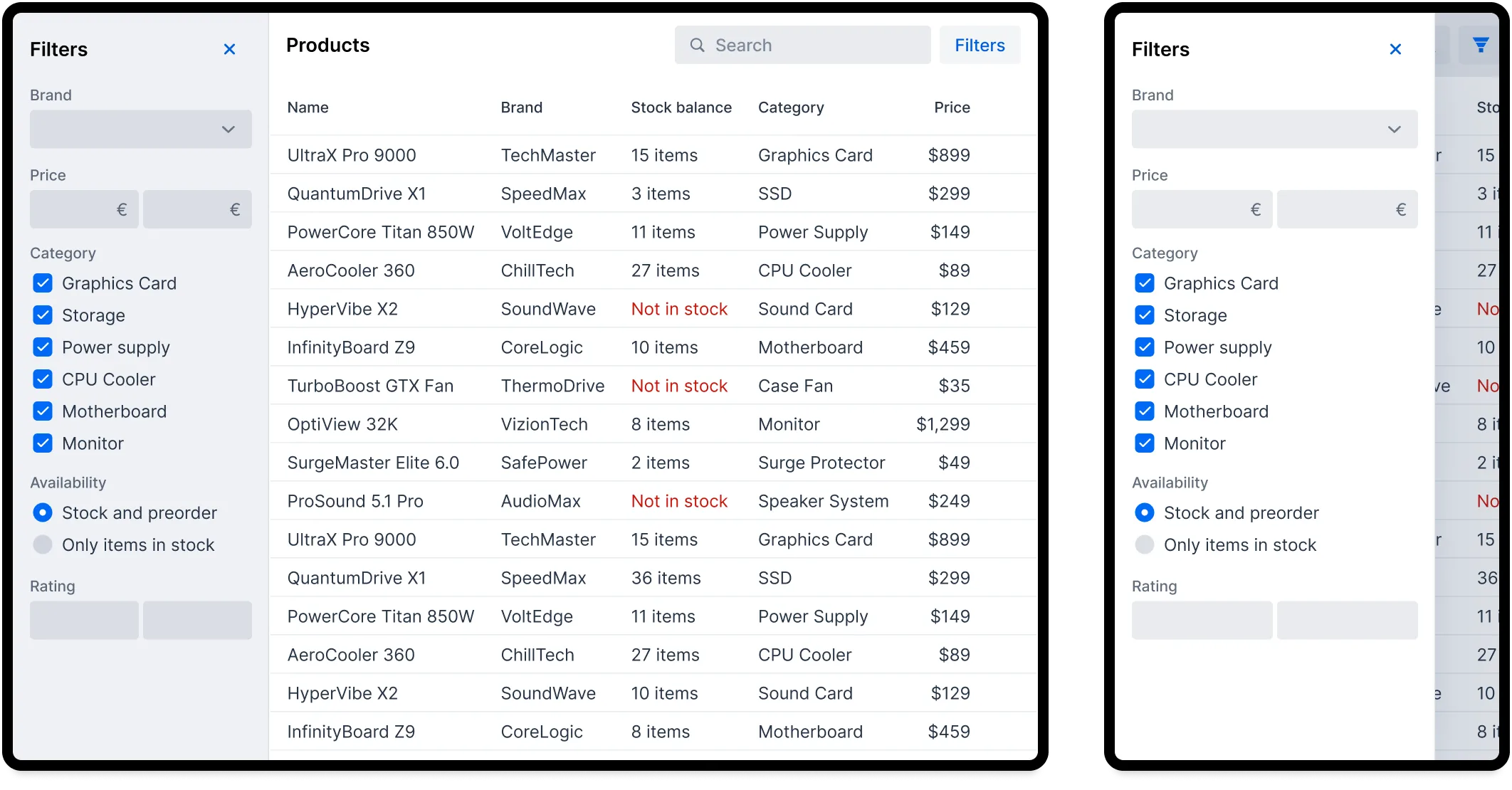 Desktop UI on left; Mobile UI with filter panel as overlay on right